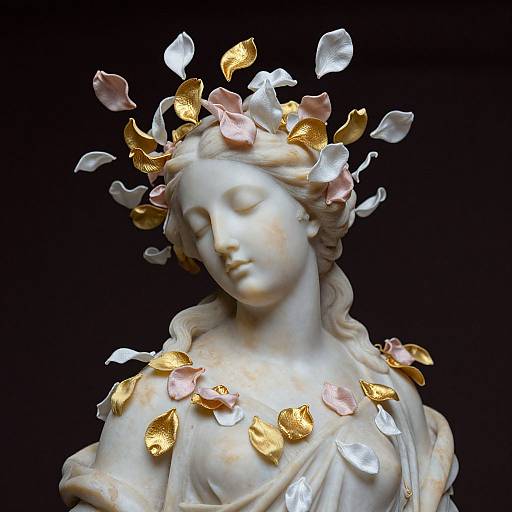 Photograph of a white marble statue of a serene woman with closed eyes, wearing golden and pink rose petals in her hair and draped clothing, against a