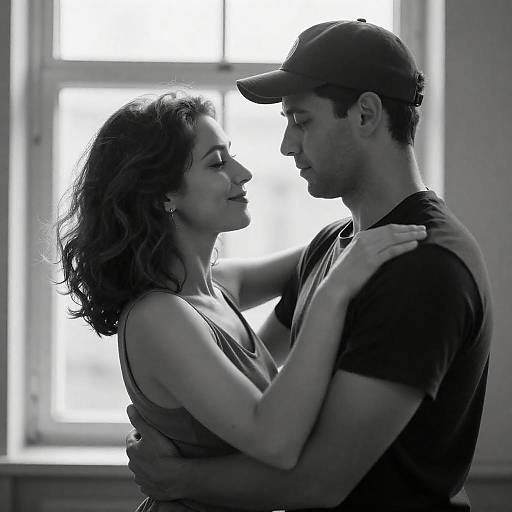 Black-and-white photograph of a couple dancing closely in an intimate embrace, illuminated by a bright window behind them. Man in cap, woman with wavy