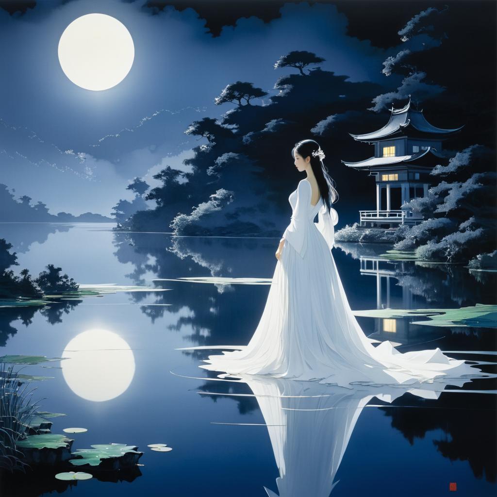 Enigmatic Woman by the Moonlit Lake