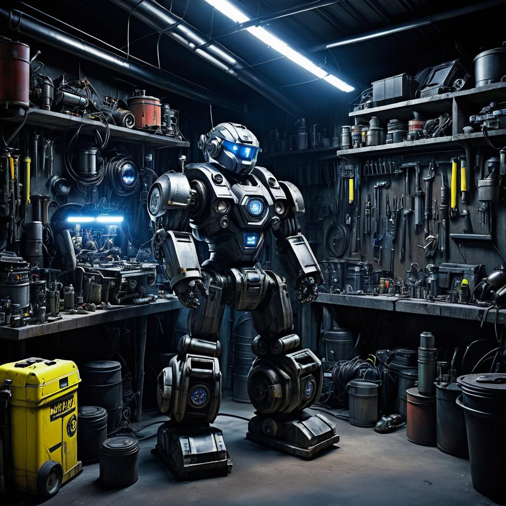 Rugged Robot Mechanic in Bustling Garage