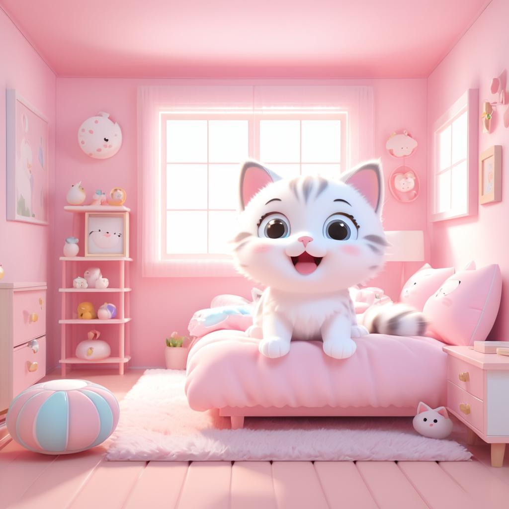 Playful Kawaii Kitten in Cozy Bedroom