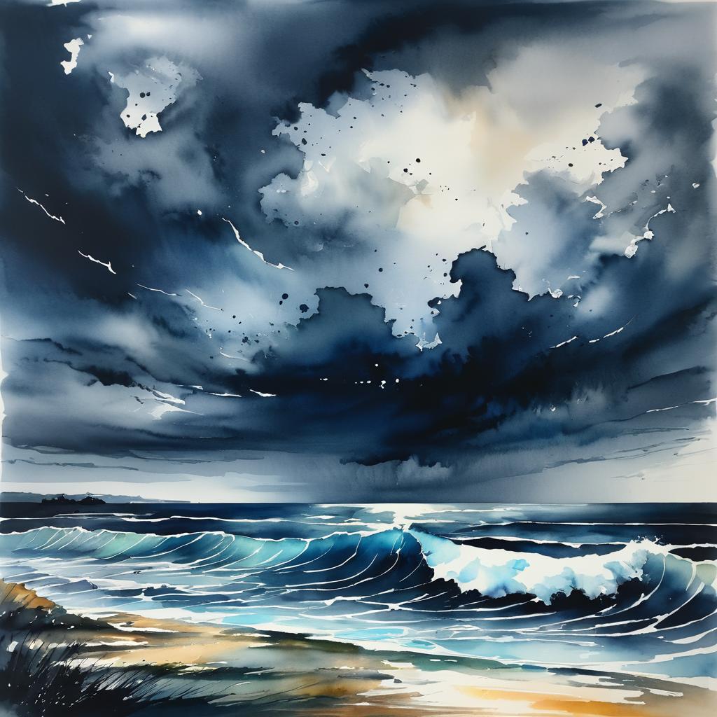 Dramatic Stormy Ocean Sky Ink Painting