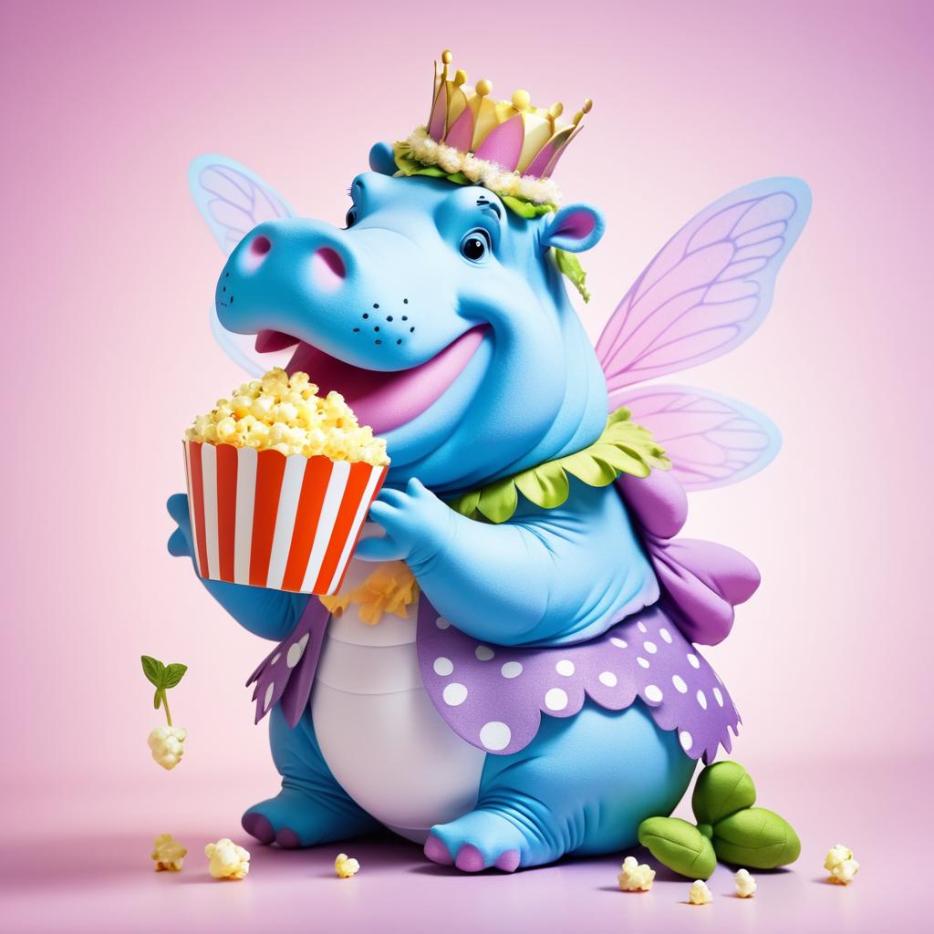 Whimsical Hippo Fairy Enjoying Popcorn