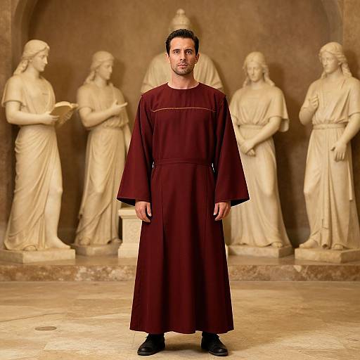 Man in Tan Robe by Statues