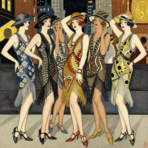 Vintage illustration of six stylish flapper women in fringe dresses and hats, standing in a city night scene, showcasing colorful patterns and high heels.