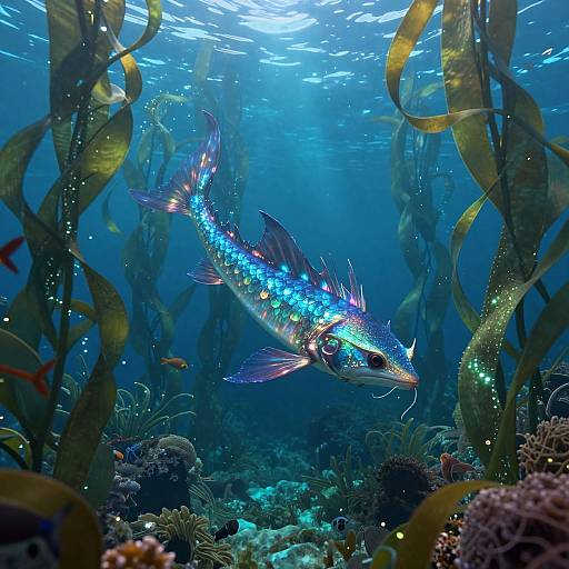 Vibrant underwater photograph of a glowing blue and purple fish with iridescent scales, swimming among swirling seaweed and colorful coral in a sunlit