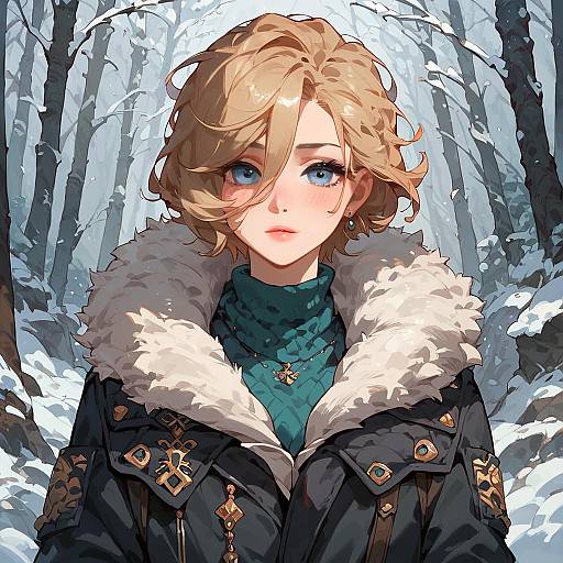 Shy Blushing Figure in Winter Forest