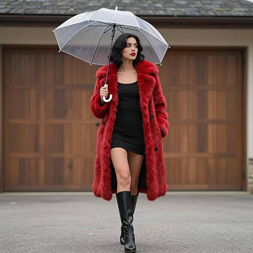 Woman in Red Fur Coat with Transparent Umbrella