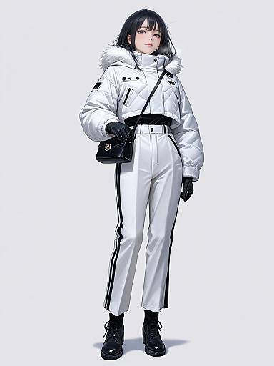 Modern Winter Chic Woman in White Puffer Jacket and Ski Pants