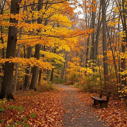 Photograph of a forest path lined with tall trees, vibrant orange and yellow autumn leaves, and a wooden bench on the right. Fallen leaves cover the