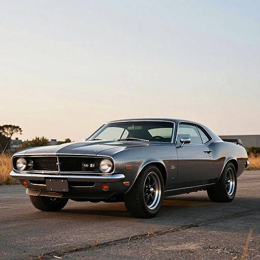 Photograph of a sleek, silver 1970s muscle car with chrome accents and black wheels, parked on an asphalt road at sunset.