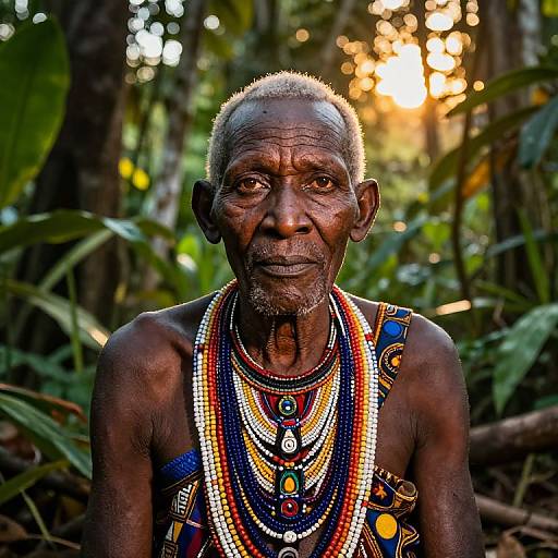 Photograph of an elderly, dark-skinned African man with short gray hair, wearing colorful beaded necklaces and traditional attire, set against a lush