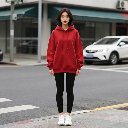 Woman in Red Hoodie Standing on Urban Street