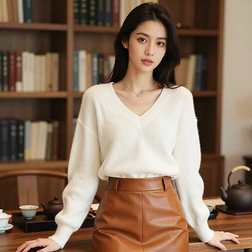 Elegant Woman in White Sweater and Caramel Skirt