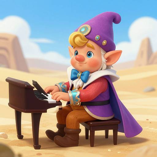 Cute digital cartoon of a smiling, blond elf with pointed ears, purple hat, and cape, playing a black piano in a desert.
