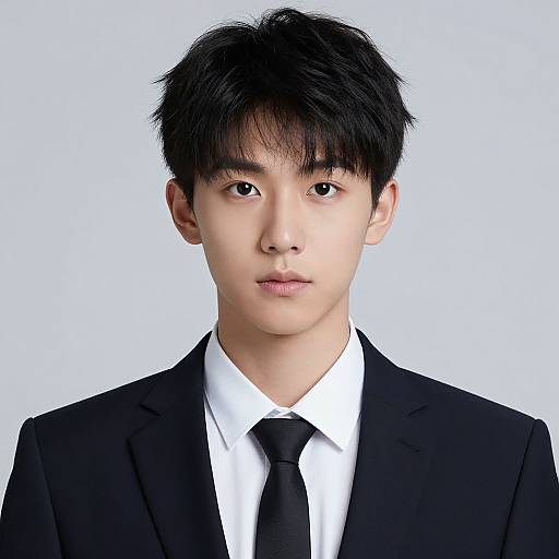 Photograph of an East Asian young man with black hair, wearing a black suit, white shirt, and black tie, against a light blue background.