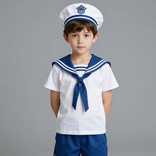 Photograph of a young boy with light skin and brown hair, wearing a white sailor uniform with blue accents, standing against a plain gray background.
