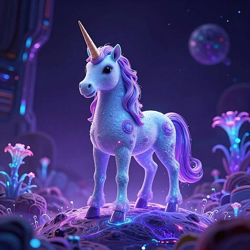 Glowing, neon purple unicorn with a golden horn stands on a luminescent rock in a futuristic, sci-fi garden. Digital art.