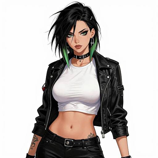 Digital illustration of a punk-inspired woman with black hair, green highlights, wearing a black leather jacket, white crop top, black pants, and a ch