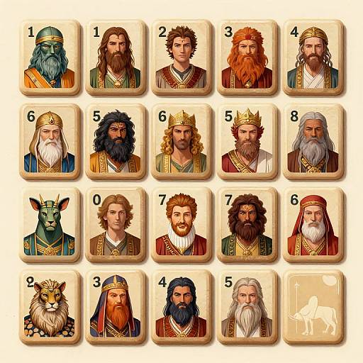 Digital illustration of 12 distinct, colorful, fantasy-style king portraits in a grid, each with unique facial hair, crowns, and regal attire
