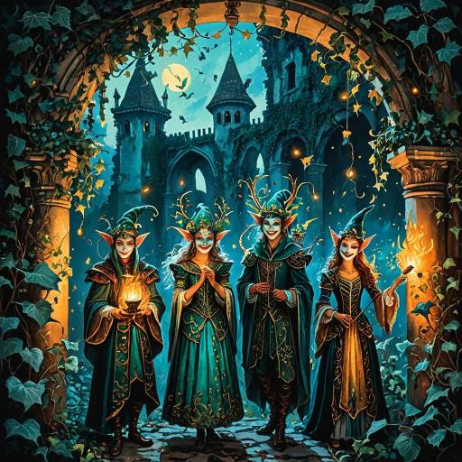 Elves Celebrating Twilight Masquerade in Ivy-Clad Ruins