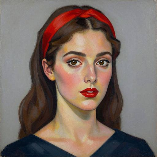 Digital portrait of a woman with fair skin, dark brown hair, red headband, red lipstick, and black top, set against a gray background.