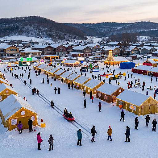 Photograph of a bustling winter market on snow-covered ground with wooden stalls, illuminated by yellow lights, surrounded by people in winter clothing, and mountainous
