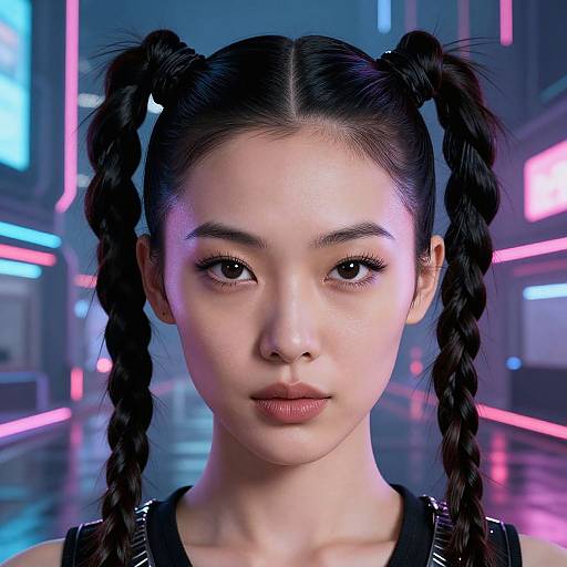 CGI portrait of an East Asian woman with black braided pigtails, glowing neon-lit background, wearing a black top, looking directly at