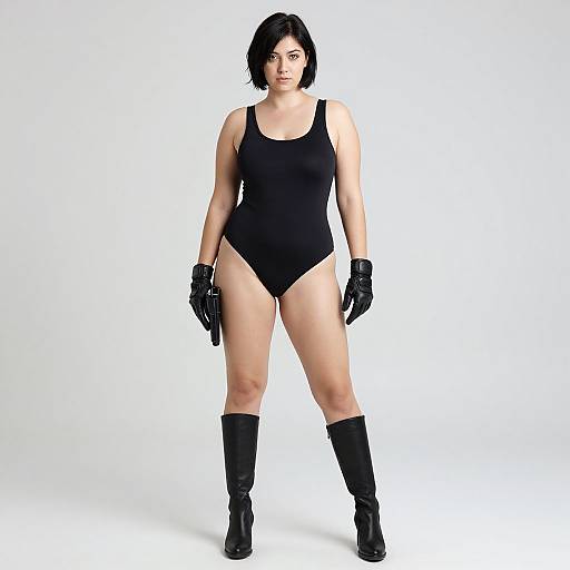 Photograph of a confident Asian woman with short black hair, wearing a black tank leotard, gloves, and knee-high boots, standing against a