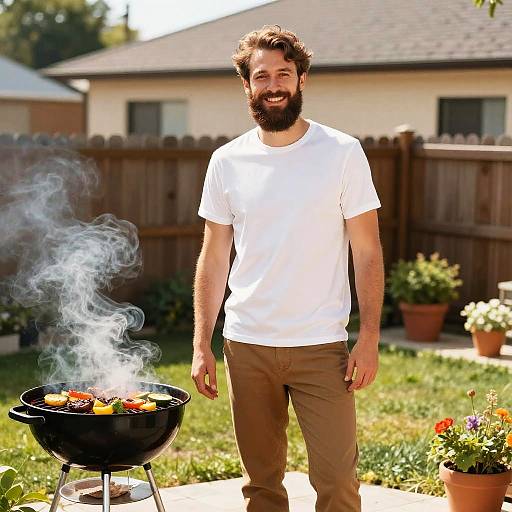 Photograph of a bearded man with brown hair, wearing a white t-shirt and brown pants, standing beside a smoking barbecue grill in a sunlit