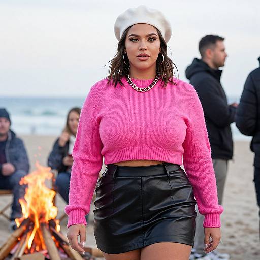 Photograph of a curvy woman with medium brown skin, wearing a pink sweater, white beret, black leather skirt, and chain necklace, standing