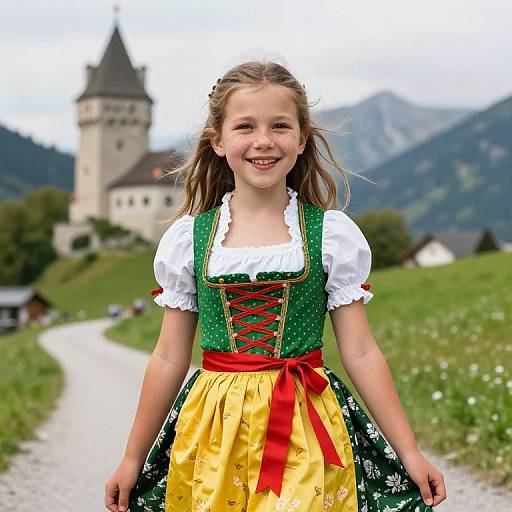 Photograph of a smiling young girl in a traditional Bavarian dress with green and yellow fabric, red lace-up bodice, white blouse, standing on