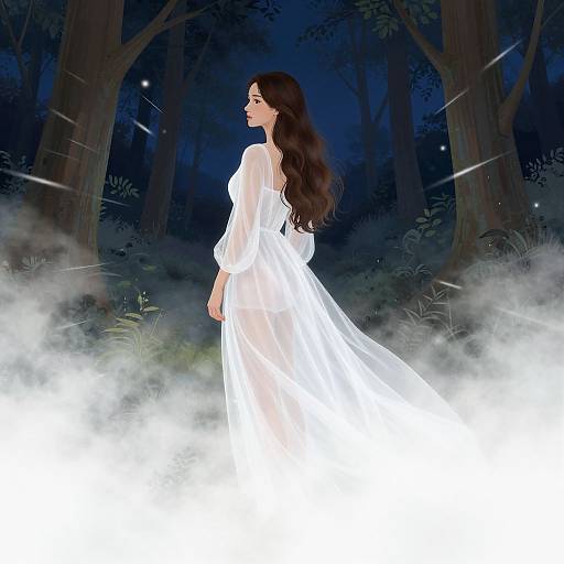 Digital illustration of a woman with long dark hair, wearing a sheer white dress, standing in a misty, dark forest at night, glowing softly.