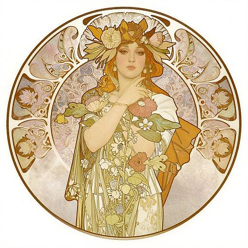 Art Nouveau-style illustration of a fair-skinned woman with orange hair, wearing a floral crown and dress, holding flowers, surrounded by ornate circular