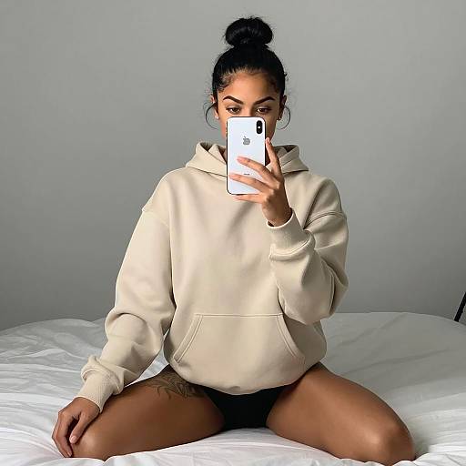 Selfie of a Woman in Beige Hoodie