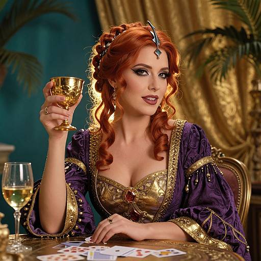 Photograph-style digital artwork of a red-haired woman with intricate gold jewelry, wearing a purple and gold Renaissance-style dress, holding a golden goblet,