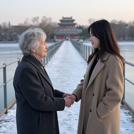 Photograph of an elderly woman with gray hair and a younger woman with dark hair, holding hands on a snowy bridge, wearing coats, with a traditional