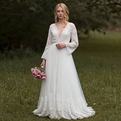 Photograph of a blonde bride in a white lace long-sleeve wedding dress with a deep V-neck, holding pink roses, standing in a green