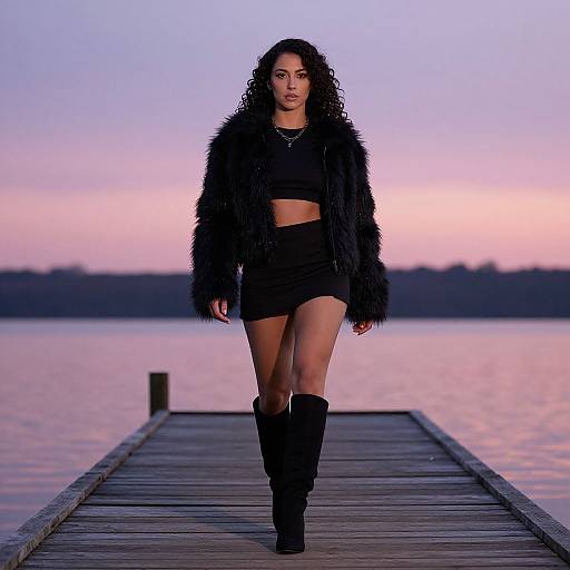 Confident Woman Walking on Pier at Sunset