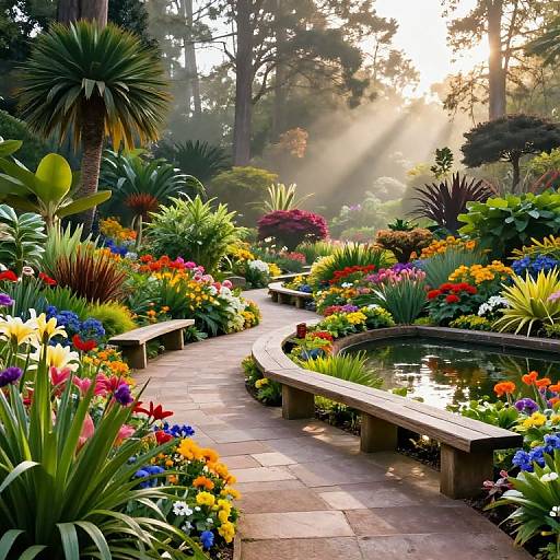 Sunlit garden path winding through vibrant, multicolored flowers and lush greenery, with wooden benches and a small pond, bathed in golden morning