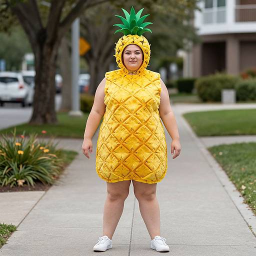 Photograph of a plus-sized Asian woman in a yellow pineapple costume with green leaves, white sneakers, standing on a suburban sidewalk.
