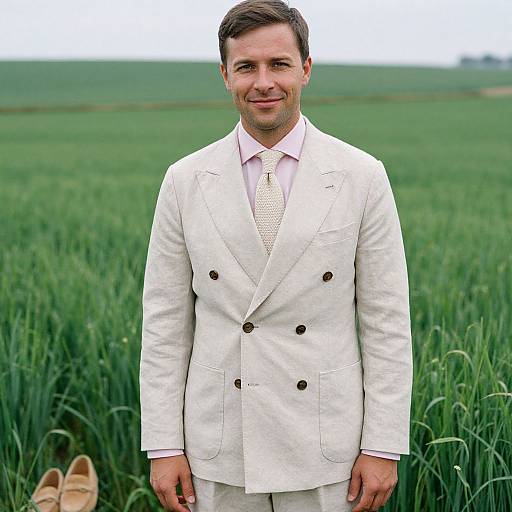 Photograph of a smiling middle-aged man in a white double-breasted suit and pink shirt, standing in a lush green field.