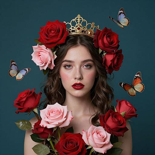 Photograph of a fair-skinned woman with red lipstick, wearing a gold crown, surrounded by red and pink roses, with butterflies flying around her against