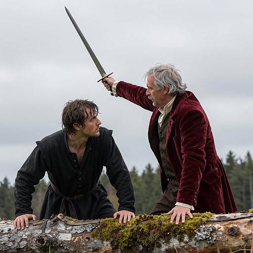 Tense Sword Fight Between Two Men on Mossy Log