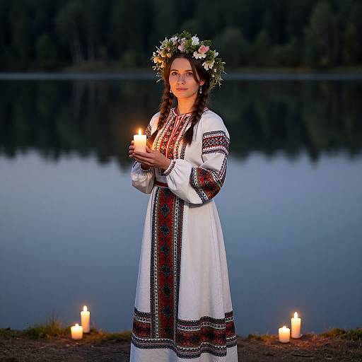 Photograph of a woman in traditional white Eastern European dress with red and black embroidery, braided hair, flower crown, holding candles, standing by a