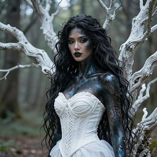 Digital fantasy portrait of a dark-skinned woman with long, wavy black hair, wearing a white, corseted gown, standing in a forest