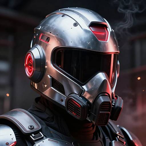 Photorealistic CGI of a futuristic, silver armored soldier with a red-lit helmet, black visor, and breathing mask, set against a dark