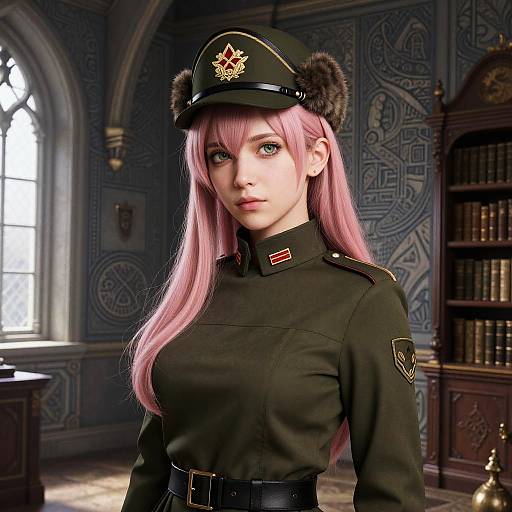 Digital art of a pink-haired woman with blue eyes in a black military uniform and bear-ear hat, standing in a medieval-styled library.