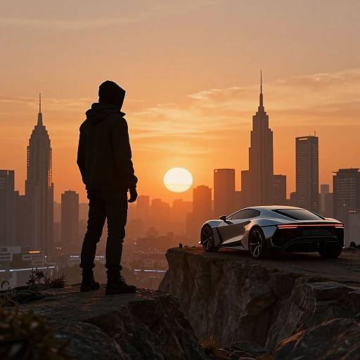 Silhouetted man in hooded jacket and pants stands on rocky ledge, gazing at sunset over city skyline with sleek, modern car. Phot