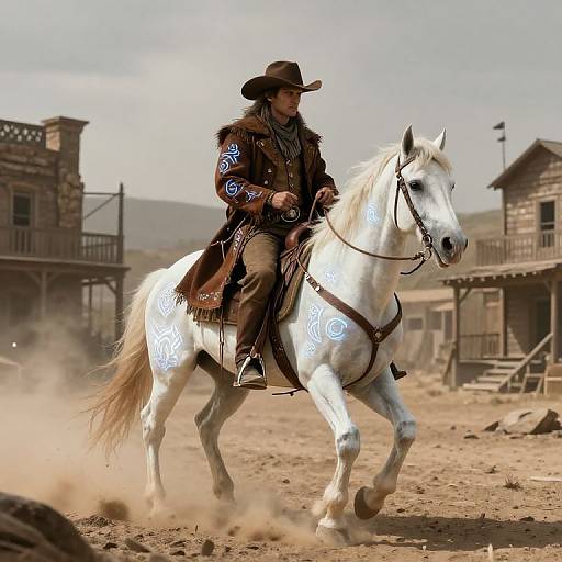 Photograph of a Native American man in traditional attire riding a white horse adorned with blue tribal patterns, in a dusty Western town.